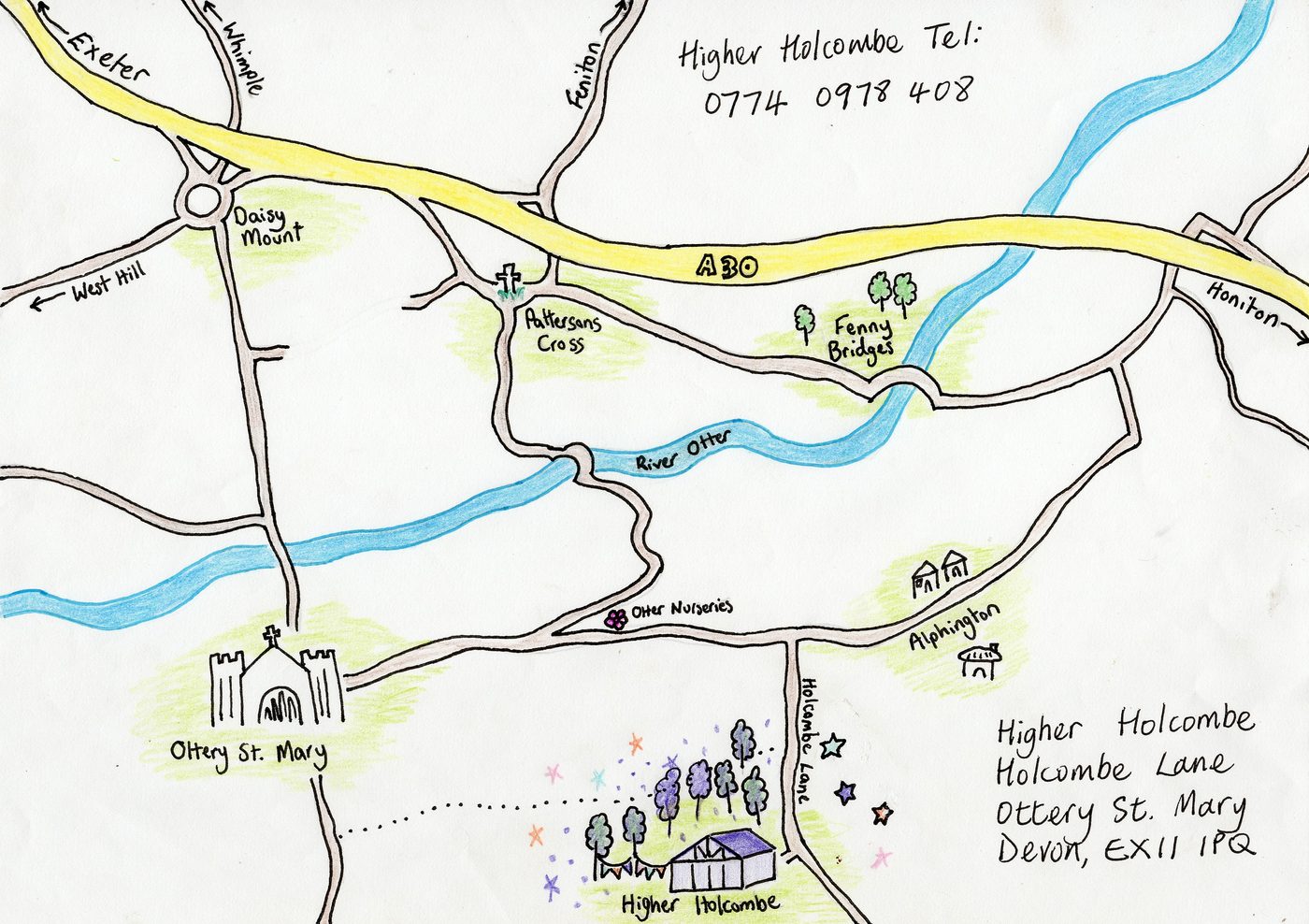 Hand-drawn map showing Higher Holcombe near Ottery St Mary, Devon